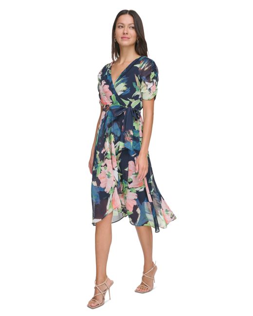 Dkny Floral Tie-Waist Ruched-Sleeve Dress