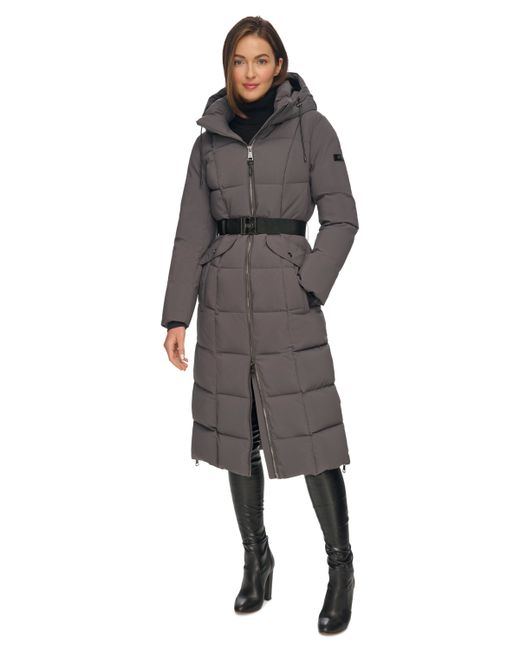 Dkny Mixed-Media Belted Hooded Maxi Puffer Coat