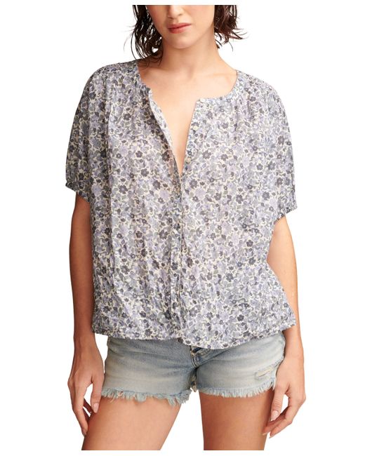 Lucky Brand Printed Cotton Smocked-Trim Blouse
