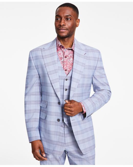 Tayion Collection Classic Fit Striped Suit Jacket blue Plaid