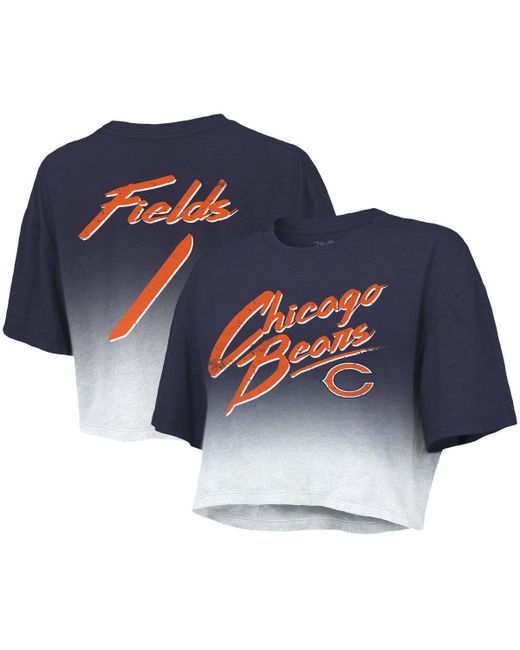 Majestic Threads Justin Fields White Chicago Bears Drip-Dye Player Name and Number Tri-Blend Crop T-shirt