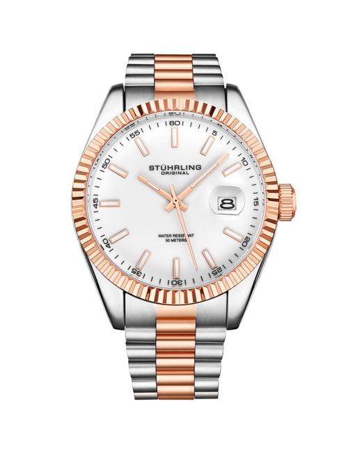 Stuhrling Silver-Tone and Rose Gold-Tone Stainless Steel Link Bracelet Watch 42mm