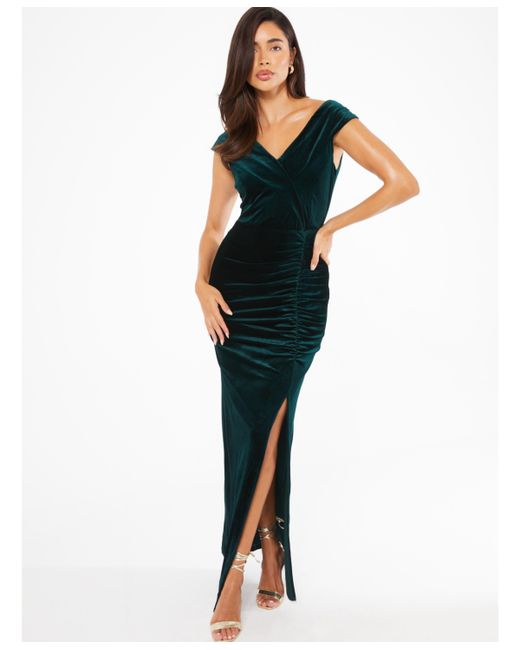 Quiz Velvet Bardot Ruched Maxi Dress