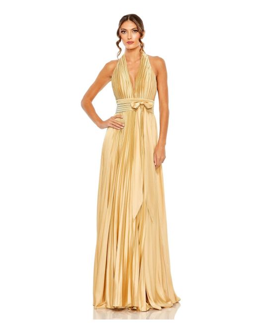 Mac Duggal Pleated Halter Neck Gown With Center Bow