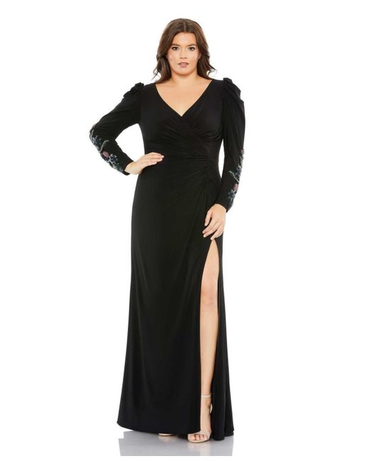 Mac Duggal Plus Embellished Long Sleeve Faux Wrap Gown