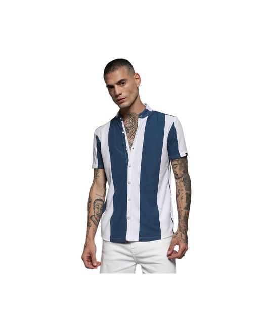 Campus Sutra Blue White Candy Striped Shirt