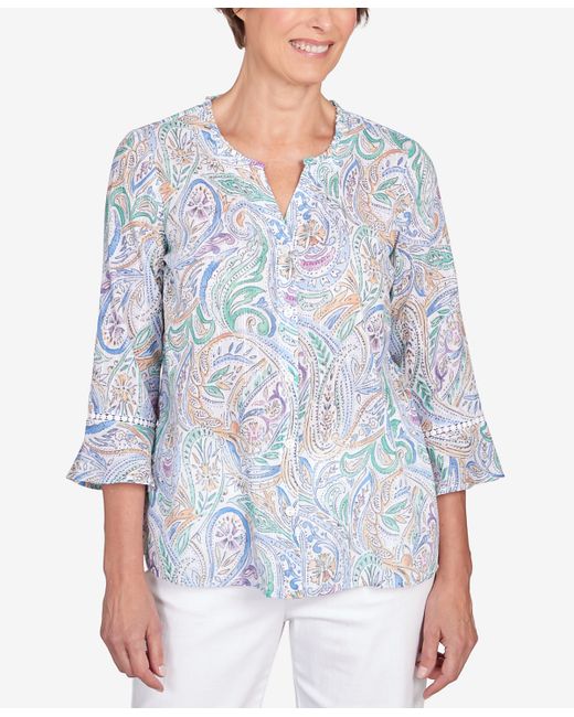 Alfred Dunner Classic Pastels Paisley Flutter Sleeve Button Front Top