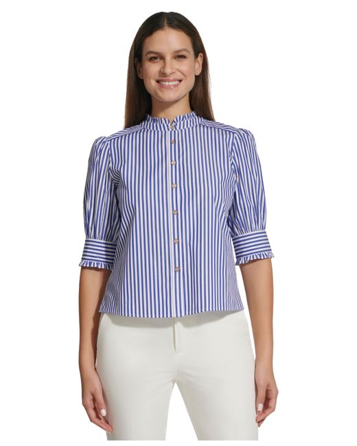Tommy Hilfiger Striped Short-Sleeve Cotton Ruffle Blouse Bright White