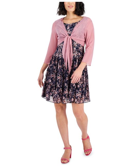 Connected Petite 2-Pc. Mesh Jacket Floral-Print Dress Set mauve