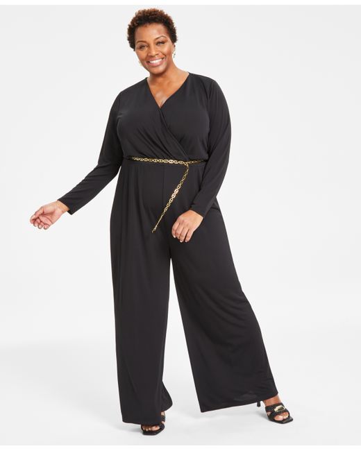 I.N.C. International Concepts Plus Chain Belt Long Sleeve Wide Leg Jumpsuit Created for