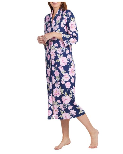 Miss Elaine Floral-Print Knit Long Zip Robe