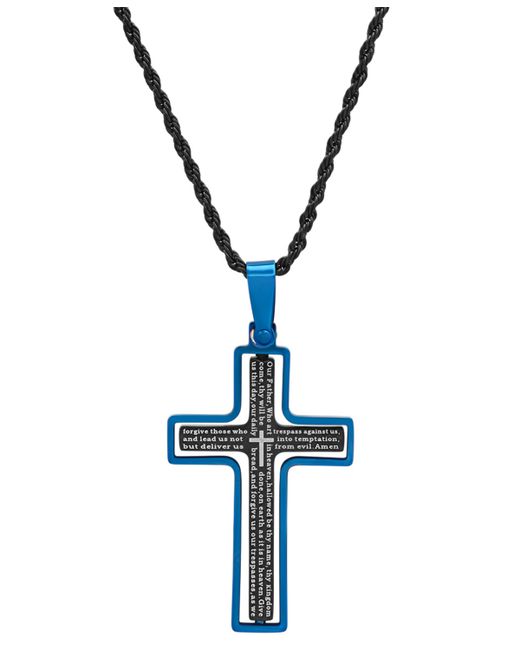 SteelTime Two-Tone Stainless Steel Our Father English Prayer Spinner Cross 24 Pendant Necklace Blue