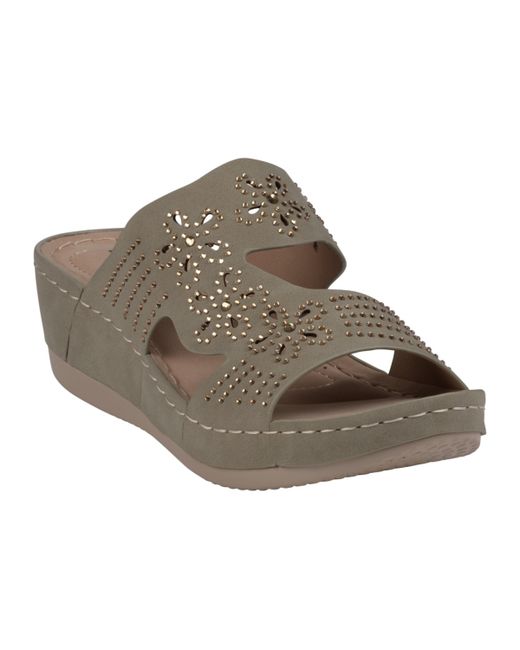 GC Shoes Perforated Studded Slip-On Wedge Sandals