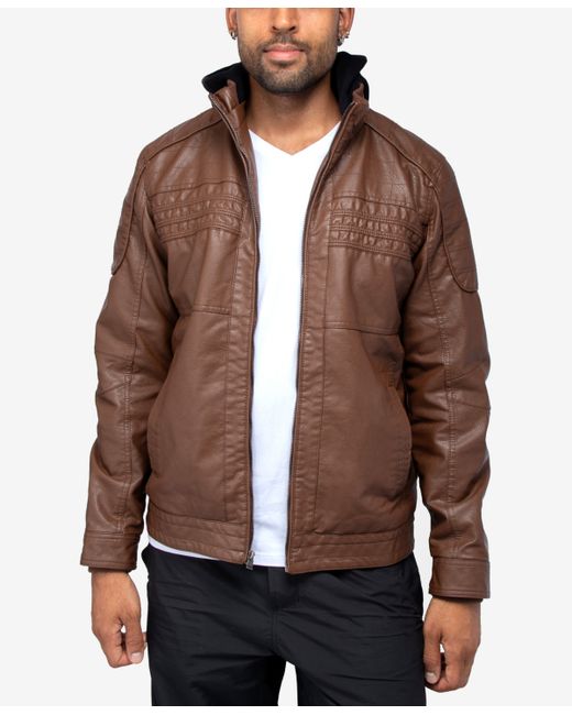X-Ray Grainy Polyurethane Leather Hooded Jacket with Faux Shearling Lining