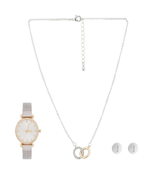 Jessica Carlyle Analog Shiny Tone Mesh Bracelet Watch with Necklace Earring Set
