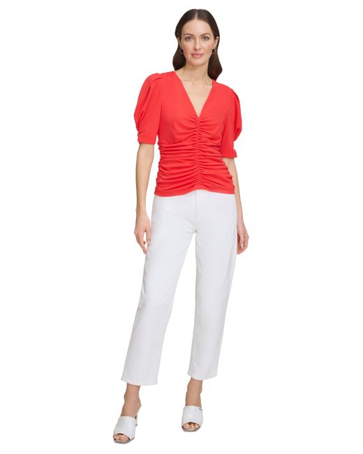 Dkny V-Neck Ruched Knit Elbow-Sleeve Top