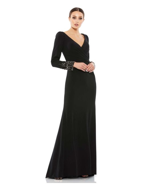Mac Duggal Beaded Cuff Long Sleeve Wrap Over Trumpet Gown