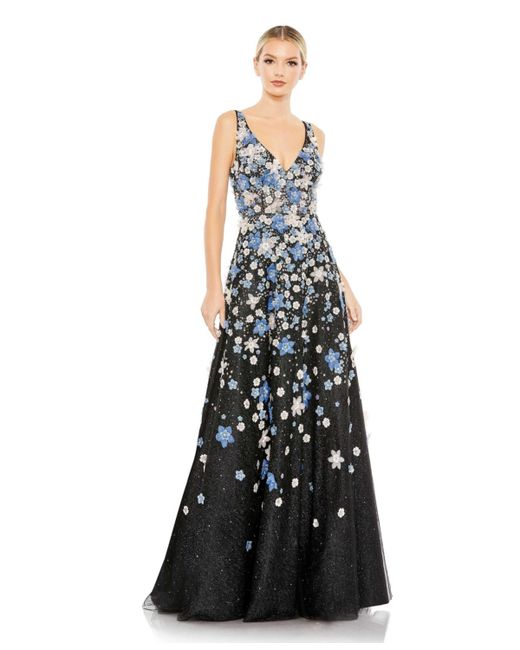 Mac Duggal Floral Applique Sleeveless A-Line Evening Gown