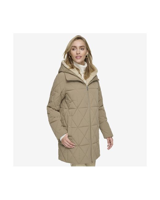 Andrew Marc Islee Quilted Womenss Puffer Coat With Popcorn Sherpa Trimming and Removable Hooded Bib