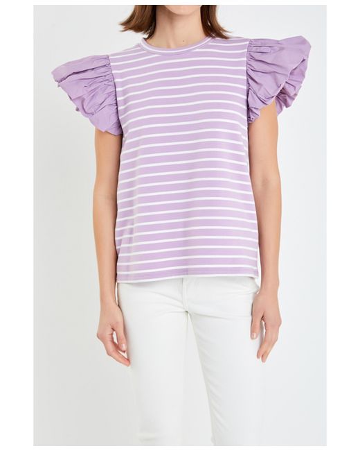 English Factory Stripe Knit with Poplin Puff Sleeve Top white