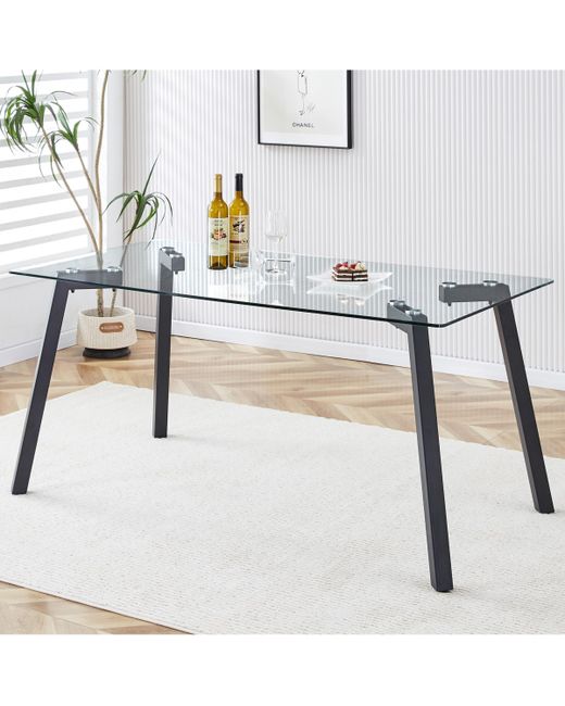 Simplie Fun Modern Minimalist Rectangular Glass Dining Table with 0.31 Tempered Tabletop and Coating Metal Legs Writing Desk for