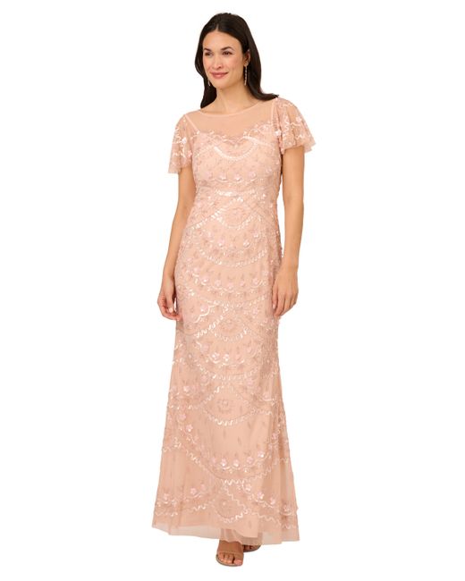 Adrianna Papell Bead Flutter-Sleeve Sequin Gown