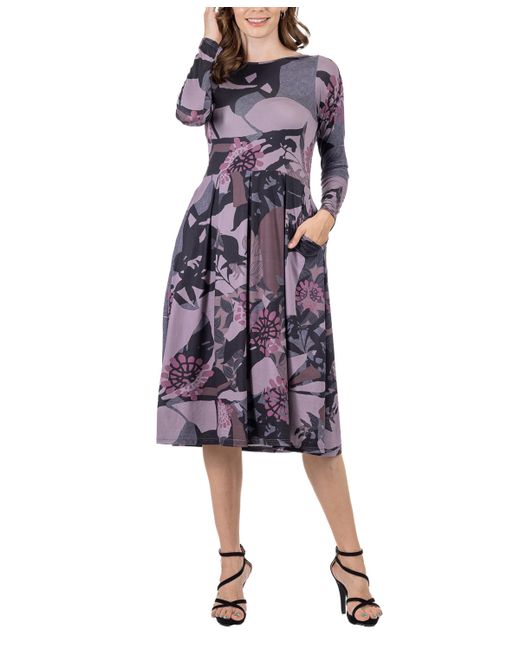 24seven Comfort Apparel Floral Long Sleeve Pleated Pocket Midi Dress