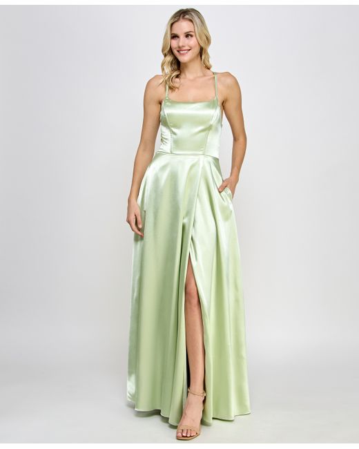 Speechless Juniors Satin Front-Slit Lace-Up Gown Created for