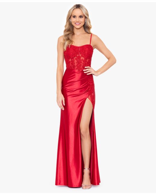 Blondie Nites Juniors Satin Sequined-Lace Corset Gown