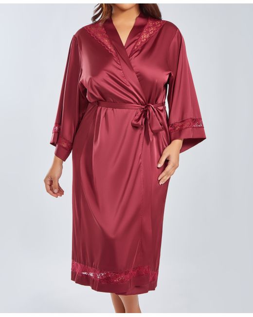 iCollection Plus Silky Long Robe with Lace Trims