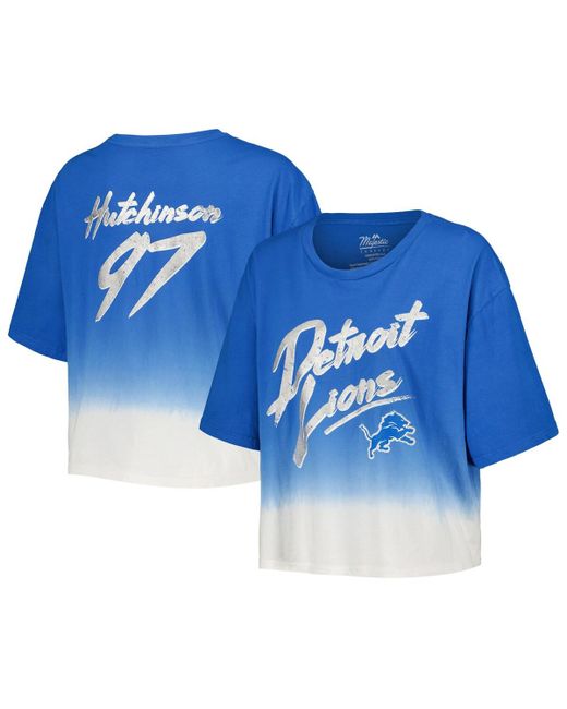 Majestic Threads Aidan Hutchinson White Distressed Detroit Lions Dip-Dye Player Name and Number Crop Top
