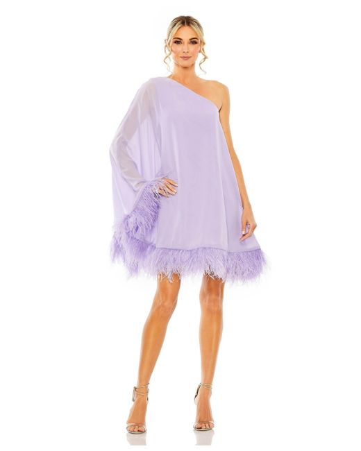 Mac Duggal One Shoulder Trapeze Dress with Feather Trim