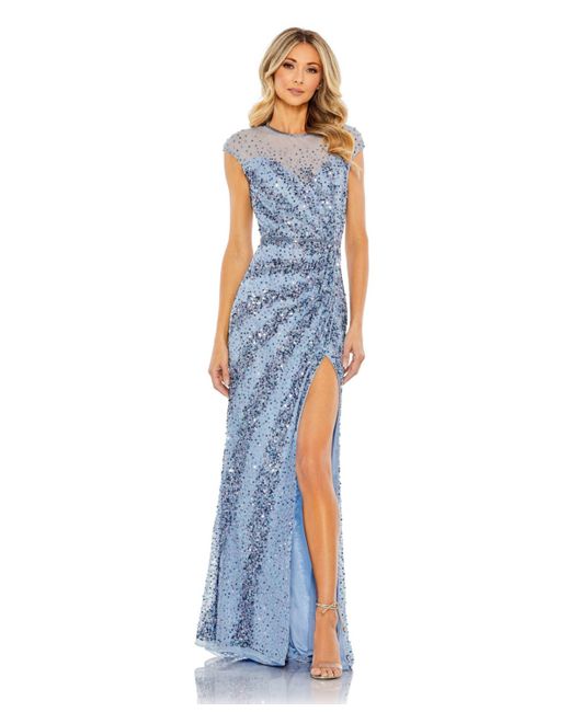 Mac Duggal Embellished Illusion High Neck Cap Sleeve Gown