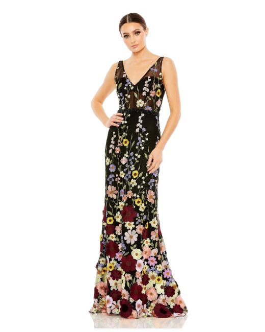 Mac Duggal Embroidered Tulle Sleeveless V Neck Gown