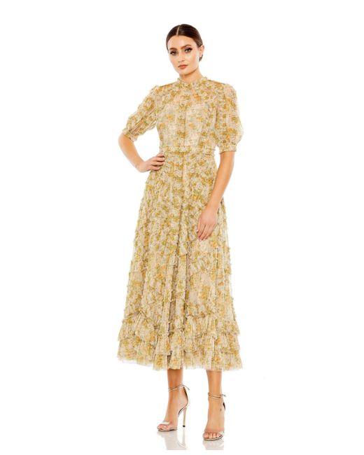 Mac Duggal Mesh Puff Sleeve Floral Print Dress