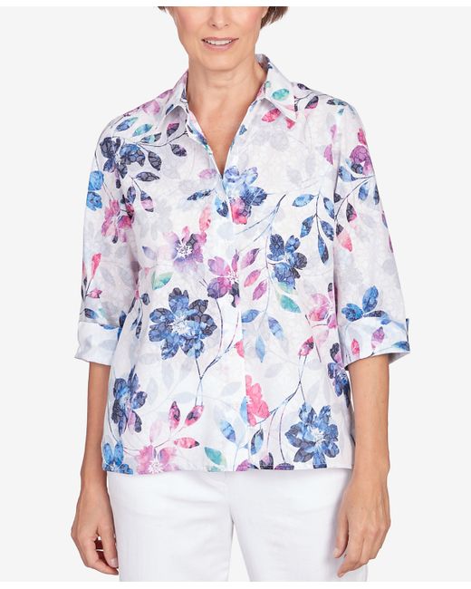 Alfred Dunner Classic Denim Floral Burnout Button Down Top
