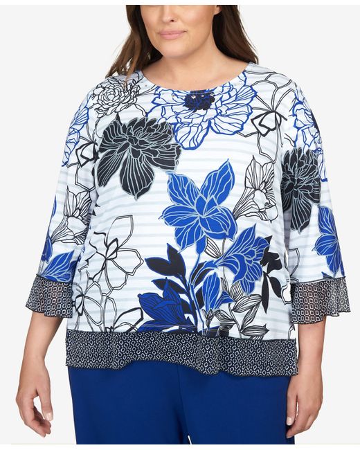 Alfred Dunner Plus Downtown Vibe Geo Trim Floral Stripe Top