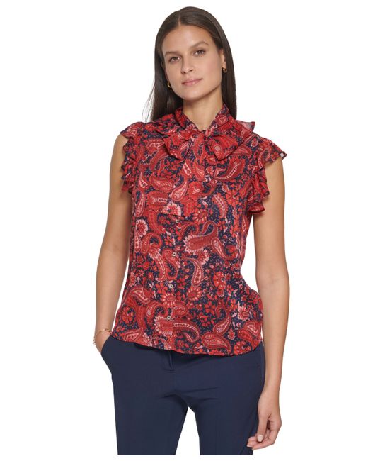 Tommy Hilfiger Paisley-Print Tie-Neck Ruffle Top