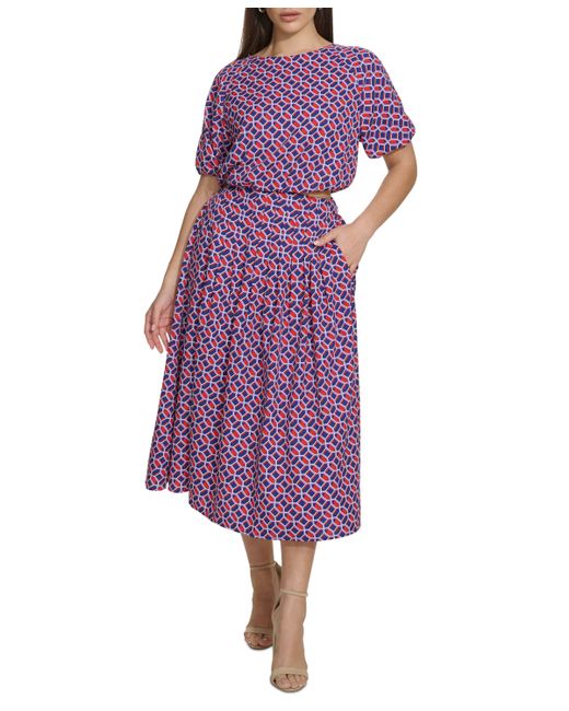 Kensie Geo-Print Puff-Sleeve Midi 2-Pc. Dress