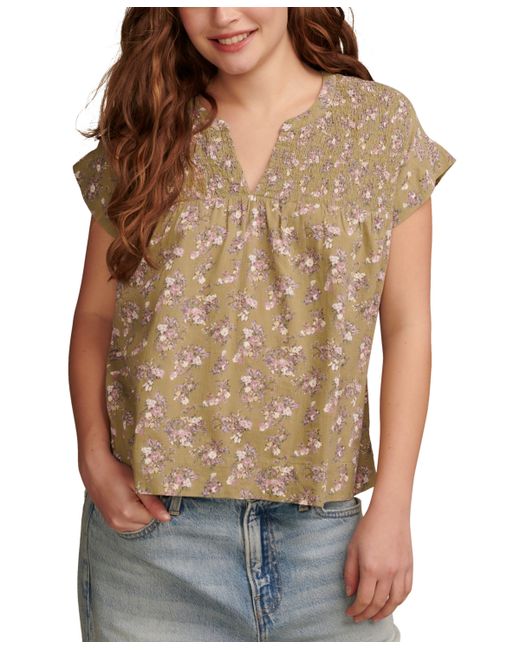 Lucky Brand Printed Smocked Short-Sleeve Top
