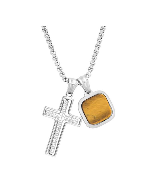 SteelTime Tone Our Father English Prayer Spinning Cross Square Pendant Necklace 24