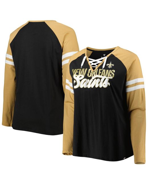 Fanatics Vegas Gold New Orleans Saints Plus True to Form Lace-Up V-Neck Raglan Long Sleeve T-shirt