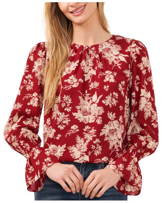 Cece Floral Print Crew Neck Long Sleeve Smocked Cuff Blouse