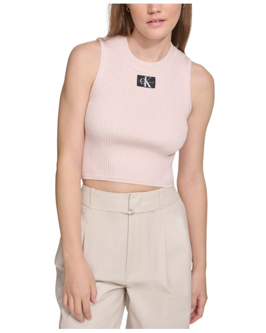 Calvin Klein Jeans Ribbed Angled-Hem Cropped Logo Top