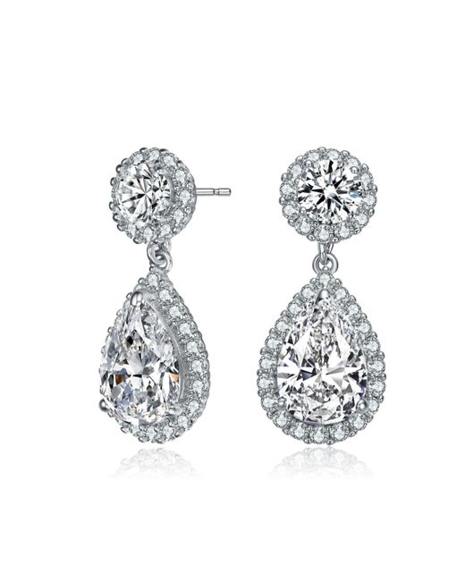 Genevive Sterling with Rhodium Plated Pear and Round Cubic Zirconia Halo Drop Earrings