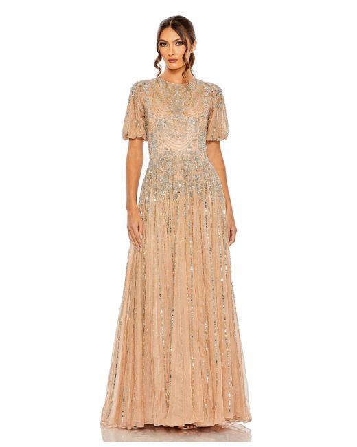 Mac Duggal High Neck Puff Sleeve Embellished A Line Gown