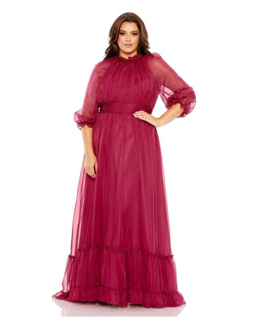 Mac Duggal Plus High Neck Puff Sleeve Tiered A Line Gown