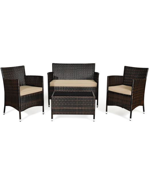 Sugift 4 Pieces Comfortable Outdoor Rattan Sofa Set with Glass Coffee Table-Light