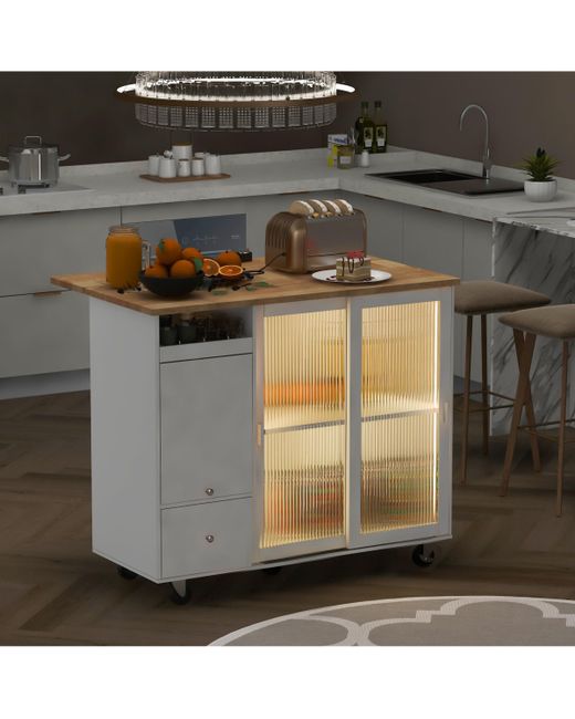 Simplie Fun Kitchen Island with Drop Leaf Led Light Cart on Wheels 2 Fluted Glass Doors and 1 Flip Cabinet Door Large Ca