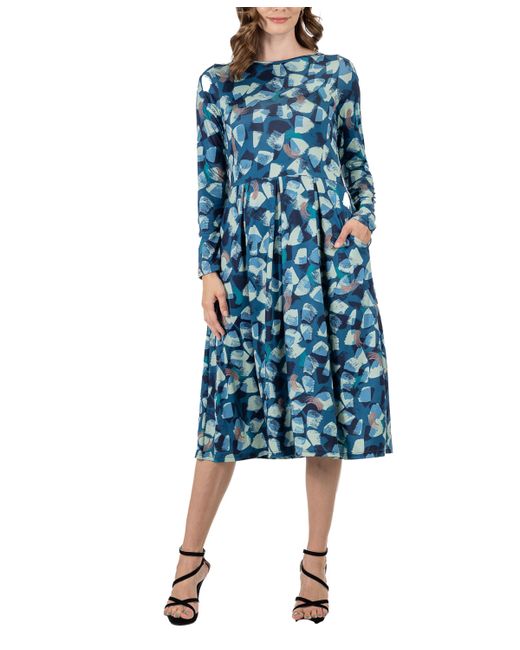 24seven Comfort Apparel Print Long Sleeve Pleated Midi Dress
